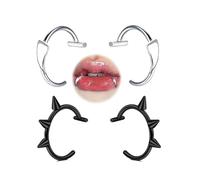 QWALIT Fake Lip Ring Cuffs Fake Lip Piercing Silver Black Clip on Vampire Teeth Fangs Faux Snake Bites Hoops Clip Nose Ring Hoops non Piercing Jewelry for Halloween Jewelry for Women Men 2pair