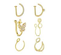 QWALIT Fake Nose Ring Gold Fake Septum Ring Hoop Silver Faux Septum Piercing Clip on Lip Ring Stick on Nose Stud Non Piercing Ear Earring Cuffs Gold Lip Cuff Non Pierced, Metal, stainless-steel