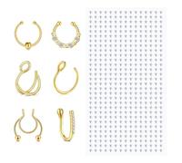 QWALIT Fake Nose Ring Gold Fake Septum Ring Hoop Silver Faux Septum Piercing Clip on Lip Ring Stick on Nose Stud Non Piercing Ear Earring Cuffs Gold Lip Cuff Non Pierced, Metal, stainless-steel