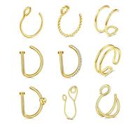 QWALIT Fake Nose Ring Gold Fake Septum Ring Hoop Silver Faux Septum Piercing Clip on Lip Ring Stick on Nose Stud Non Piercing Ear Earring Cuffs Gold Lip Cuff Non Pierced, Metal, stainless-steel