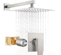 QWAXTRIW 10 Inch Wall Mounted Rain Shower Head Kit Brushed Nickel Single Function with Built In Valve Modern Square Bathroom Fixture Luxurious Spa Experience