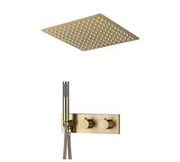 QWAXTRIW 12 Inch Square Rain Shower Head Set Luxurious Ceiling Mount with Handheld Shower Brass Thermostatic Faucet for Bathroom Elegant Gold Finish