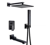 QWAXTRIW Black Shower System Wall Mounted Brass Mixer Faucet with 8 Inch Rainfall Shower Head Swivel Spout & Embedded Control Valve for Luxurious Bath Experience