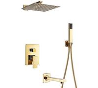 QWAXTRIW Concealed Shower System Wall Mounted Faucet Set with Hand Shower & 8 Inch Rainfall Head Brass Gold Finish Advanced Air Injection Technology for Ultimate Spa Experience