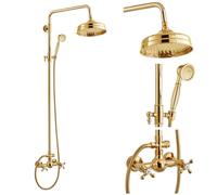 QWAXTRIW Exposed Bathroom Shower Fixture Set 8" Rainfall Shower Head Wall Mount Dual Functions Brass Handheld Spray Polished Gold Finish Cross Handle Mixer Combo Unit