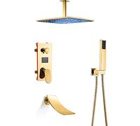 QWAXTRIW LED Shower Head with Digital Display Gold Faucet Set Rainfall Shower System Square Rain Shower Head Handheld Shower Combo Waterfall Bathtub Faucet.