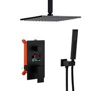 QWAXTRIW Luxury Black Brass Shower Set with 10 12 Inch Rainfall Shower Head & Handheld Ceiling Mounted LED Digital Display Rain Mixer System for Ultimate Bathroom Experience