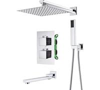 QWAXTRIW Luxury Wall Mounted Shower System Thermostatic Concealed Faucet Set with 10" Rainfall Shower Head & Handheld Shower Advanced Air Injection Technology Chrome Finish