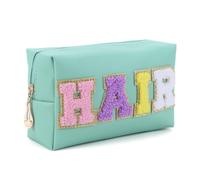 QWAXTRIW QWAXTRIW Chenille Letter Preppy Patch Makeup Bag with Zipper PU Leather Waterproof Toiletry Bag Large Capacity Portable Skin Makeup Pouch for Women for Travel Accessories (Hair)