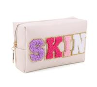 QWAXTRIW QWAXTRIW Chenille Letter PU Leather Waterproof Toiletry Bag with Zipper Portable Skin Makeup Pouch Patches Makeup Organizer Bag for Women for Travel Accessories (Skin)