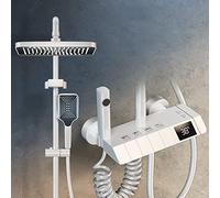 QWAXTRIW Thermostatic Column Shower System with Digital Display Rainfall & Handheld Brass Faucet Elegant White Waterfall Design for Luxurious Bathroom Experience