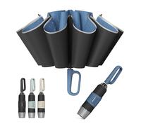 QWB Inverted Umbrella with Carabiner Handle, Compact Wind Proof Umbrellas For Rain and Sun Protection, Portable Reverse Folding Umbrella, Car Umbrella for Women Men, 10 Ribs, UV-Blue, 46 IN, Modern