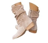 QWEDQWE Wide Calf Boots for Women 2026,Faux Suede Pointed Toe Side Zipper Chunky Heel Western Booties Slouchy Wide Calf Low Heel Vintage Combat Boots Fall Winter Comfortable Warm Flats Boot