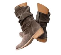 QWEDQWE Wide Calf Boots for Women 2026,Faux Suede Pointed Toe Side Zipper Chunky Heel Western Booties Slouchy Wide Calf Low Heel Vintage Combat Boots Fall Winter Comfortable Warm Flats Boot