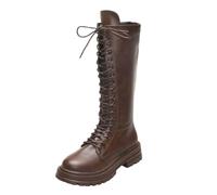 QWEDQWE Women Round Toe Platform Knee High Boots,Lace Up Knee High Boots Low Heel Faux Leather Chunky Motorcycle Boot Fall Winter Classic Side Zipper Fashion Comfortable Combat Boots
