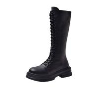QWEDQWE Women Round Toe Platform Knee High Boots,Lace Up Knee High Boots Low Heel Faux Leather Chunky Motorcycle Boot Fall Winter Classic Side Zipper Fashion Comfortable Combat Boots