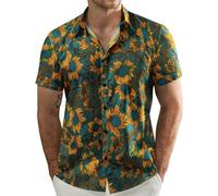 QWEFVB Men's Flower Casual Button Short Sleeve Hawaiian Shirt Azure Blue