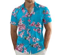 QWEFVB Men's Flower Casual Button Short Sleeve Hawaiian Shirt Blue Pink