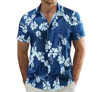QWEFVB Men's Flower Casual Button Short Sleeve Hawaiian Shirt RoyalBlue White