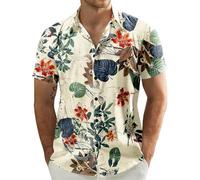 QWEFVB Men's Flower Casual Button Short Sleeve Hawaiian Shirt White