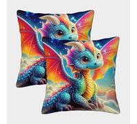 QWERTYUIOPD Blue Baby Dragon 3D Pillow Cases Polyester Set of 2 Rainbow Sky Zipper Bedding Pillowcases for Kids and Adults 45x45cm