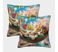 QWERTYUIOPD Countryside Cat 3D Pillow Cases Set of 2 Polyester Cushion Covers Hammock Landscape Decorative Pillow Covers Bedroom Decor Invisible Zipper Kids Adults 50x50cm