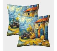 QWERTYUIOPD Countryside Cottage 3D Pillow Cases Polyester Cushion Covers Set of 2 Blue Sky Decorative Pillow Covers Invisible Zipper for Bedroom Kids Adults 40x40cm