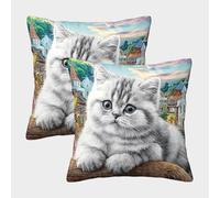 QWERTYUIOPD Cute Grey Cat Countryside Scenery 3D Pillow Cases Pillow Covers Set of 2 Polyester Hidden Zipper for Bedroom Kids Adults 50x50cm