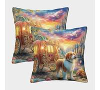 QWERTYUIOPD Fairytale Carriage 3D Pillow Cases Polyester Cushion Covers Set of 2 Golden Retriever Invisible Zipper For Bedroom Kids Room 45x45cm