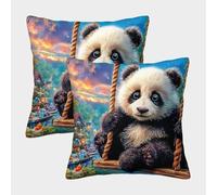 QWERTYUIOPD Panda Swing 3D Pillow Cases Polyester Cushion Covers Set of 2 Fantasy Countryside Decorative Pillow Covers Invisible Zipper For Adults Kids Bedroom 50x50cm