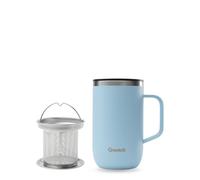 QWETCH - Recycled Stainless Steel Insulated Mug with Handle & Filter Pastel Blue - Insulated Tea Pot 470ml - Thermo Coffee & Tea - 6h Hot & 12h Cold - Anti-Splash Sliding Cap
