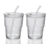 QWEZXO 13OZ/400ML Ice Coffee Glass Tumbler, Thick Wall Water Glass Cup Mug Tea with Straw and Lid Sealed Carry On (Clear) 2Pack
