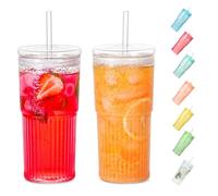 QWEZXO 20 OZ High Borosilicate Glass Tumbler Iced Coffee Water Smoothie Cup With Lids and Straws, 2 Pack, Transparent, Modern, Vintage Design, Microwave and Dishwasher Safe, BPA Free