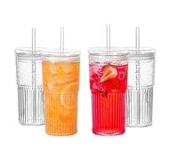 QWEZXO Glass Cups With Lids and Glass Straws,20 OZ 4pcs High Borosilicate Glass Tumbler Iced Coffee Water Smoothie