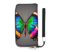 QWJKM A Colorful Big Butterfly Leather Wallet for Men Women Slim Vertical Purse Long Wallet with Zipper Card Holder, white, 20x10.5cm