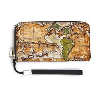 QWJKM A Worn-out World Map Leather Wallet for Unisex Slim Pattern Purse Long Wallets Card Holder with Zipper, white, 20.0*10.5cm