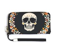 QWJKM A Wreath Surrounds The Skeleton Leather Wallet for Unisex Slim Pattern Purse Long Wallets Card Holder with Zipper, white, 20.0*10.5cm