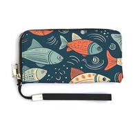 QWJKM Animation Style Fish Leather Wallet for Unisex Slim Pattern Purse Long Wallets Card Holder with Zipper, white, 20.0*10.5cm