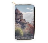 QWJKM Armenian Church Leather Wallet for Men Women Slim Vertical Purse Long Wallet with Zipper Card Holder, white, 19.7x10.5cm
