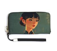 QWJKM Asian Women Style Leather Wallet for Unisex Slim Pattern Purse Long Wallets Card Holder with Zipper, white, 20.0*10.5cm