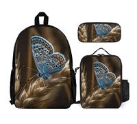 QWJKM Butterfly on Plant Backpack Sets Travel Laptop Backpack with Insulated Lunch Bag Pencil Case Casual Daypack, White, 12x5.5x16.5 inches