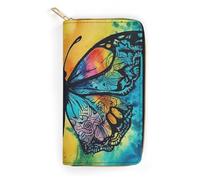 QWJKM Butterfly Tie Dye Leather Wallet for Men Women Slim Vertical Purse Long Wallet with Zipper Card Holder, white, 19.7x10.5cm
