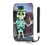 QWJKM Coffin Skeleton Leather Wallet for Men Women Slim Vertical Purse Long Wallet with Zipper Card Holder, white, 20x10.5cm