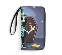 QWJKM Coffin Skeleton Leather Wallet for Men Women Slim Vertical Purse Long Wallet with Zipper Card Holder, white, 19.7x10.5cm