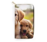 QWJKM Cute Golden Retriever Puppy Leather Wallet for Men Women Slim Vertical Purse Long Wallet with Zipper Card Holder, white, 19.7x10.5cm