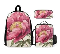 QWJKM Dark Peach Peony Flower Backpack Sets Travel Laptop Backpack with Insulated Lunch Bag Pencil Case Casual Daypack, White, 12x5.5x16.5 inches