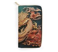 QWJKM Dragon Chinese Background Leather Wallet for Men Women Slim Vertical Purse Long Wallet with Zipper Card Holder, white, 19.7x10.5cm