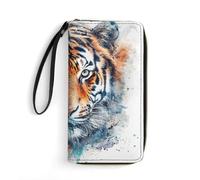 QWJKM Draw A Tiger Face Leather Wallet for Men Women Slim Vertical Purse Long Wallet with Zipper Card Holder, white, 19.7x10.5cm