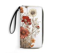 QWJKM Drawings of Some Dried Flowers Leather Wallet for Men Women Slim Vertical Purse Long Wallet with Zipper Card Holder, white, 19.7x10.5cm