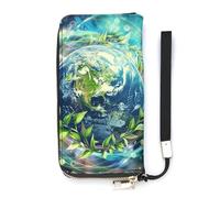 QWJKM Earth And Green Leaves Leather Wallet for Men Women Slim Vertical Purse Long Wallet with Zipper Card Holder, white, 20x10.5cm